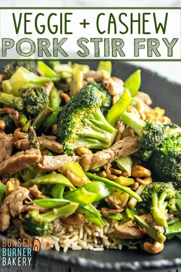 Pork Stir Fry with Cashews: fresh vegetables, crunchy cashews, and marinated pork tenderloin in an Asian-inspired sauce. This easy, healthy, vegetable-heavy dinner is on your table in under 30 minutes! #bunsenburnerbakery #pork #stirfry #asianfood #easydinner