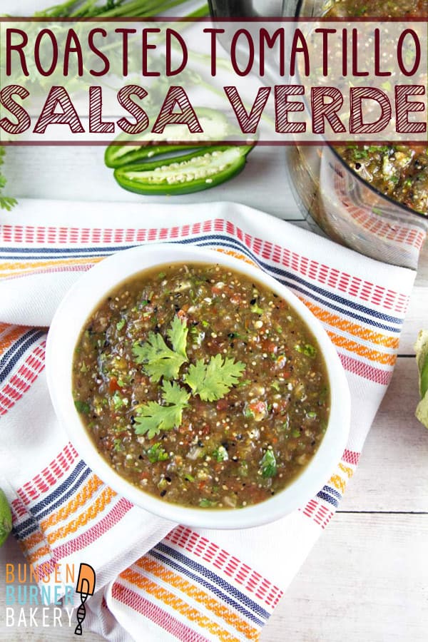 Roasted Tomato Salsa Verde: easy homemade salsa made from roasted tomatillos, cherry tomatoes, jalapenos, onion, and garlic. So easy and so delicious! Vegan, gluten free, and freezer friendly. #bunsenburnerbakery #salsa #salsaverde #tomatillos #mexican