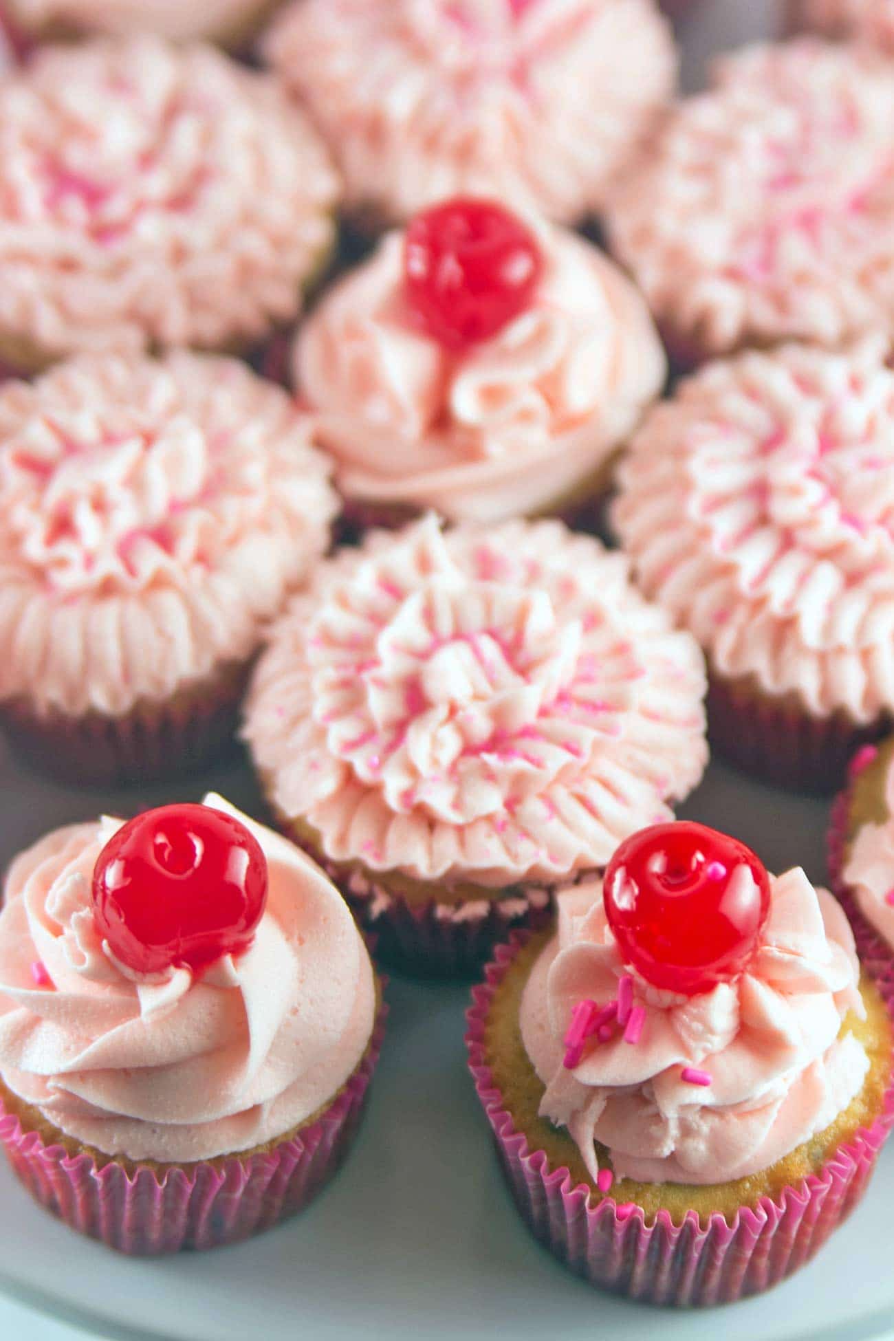 Chocolate Chip Cherry Cupcakes: vanilla-speckled cupcakes studded with mini chocolate chips and a pile of fluffy cherry buttercream. Top with a cherry - or bake one right inside! {Bunsen Burner Bakery}