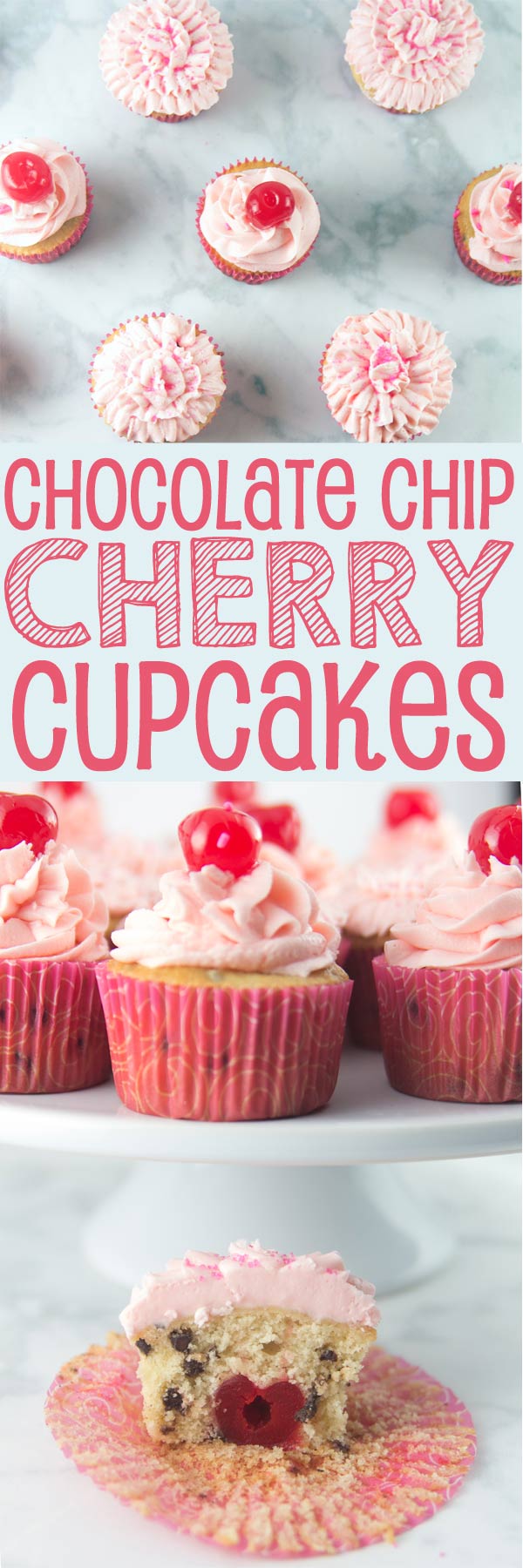 Chocolate Chip Cherry Cupcakes: vanilla-speckled cupcakes studded with mini chocolate chips and a pile of fluffy cherry buttercream. Top with a cherry - or bake one right inside! {Bunsen Burner Bakery}