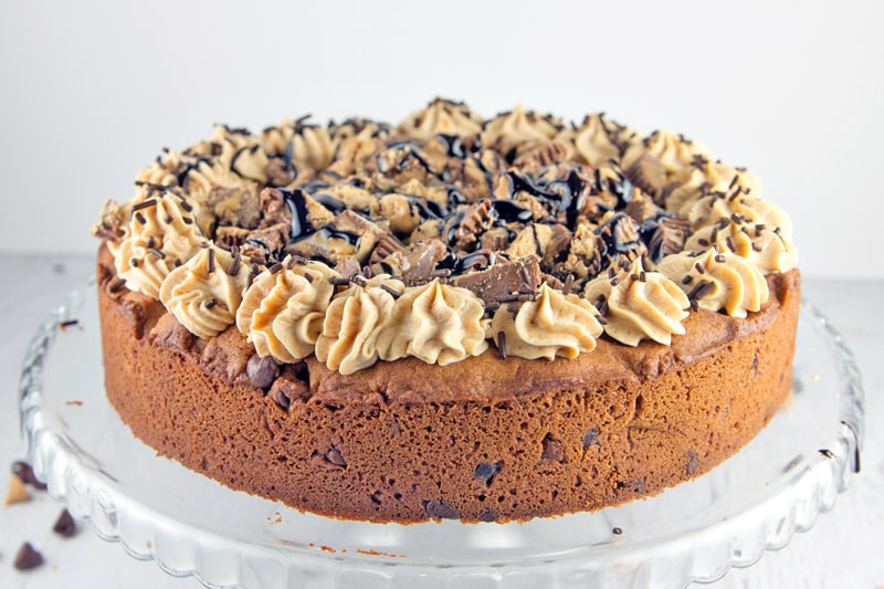Peanut Butter Cup Cookie Cake: a peanut butter chocolate chip cookie cake, topped with whipped peanut butter ganache, chopped peanut butter cups, and chocolate and peanut butter sauces.  {Bunsen Burner Bakery}