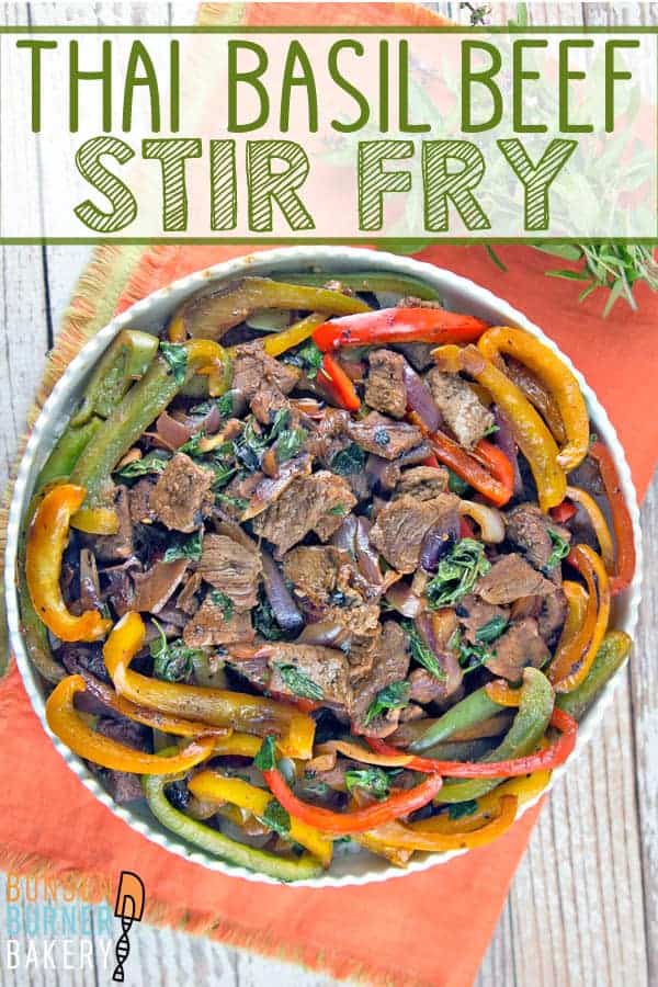 Thai Basil Beef: thinly sliced beef, bell peppers, and Thai basil combine in this fast, flavorful stir fry. Make your own Thai takeout in under 15 minutes!