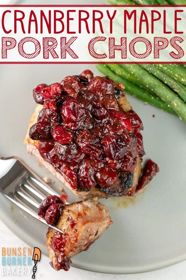 Cranberry Maple Pork Chops: perfectly pan seared pork chops with a cranberry maple mustard sauce. Plus, tips for keeping your pork chops juicy!