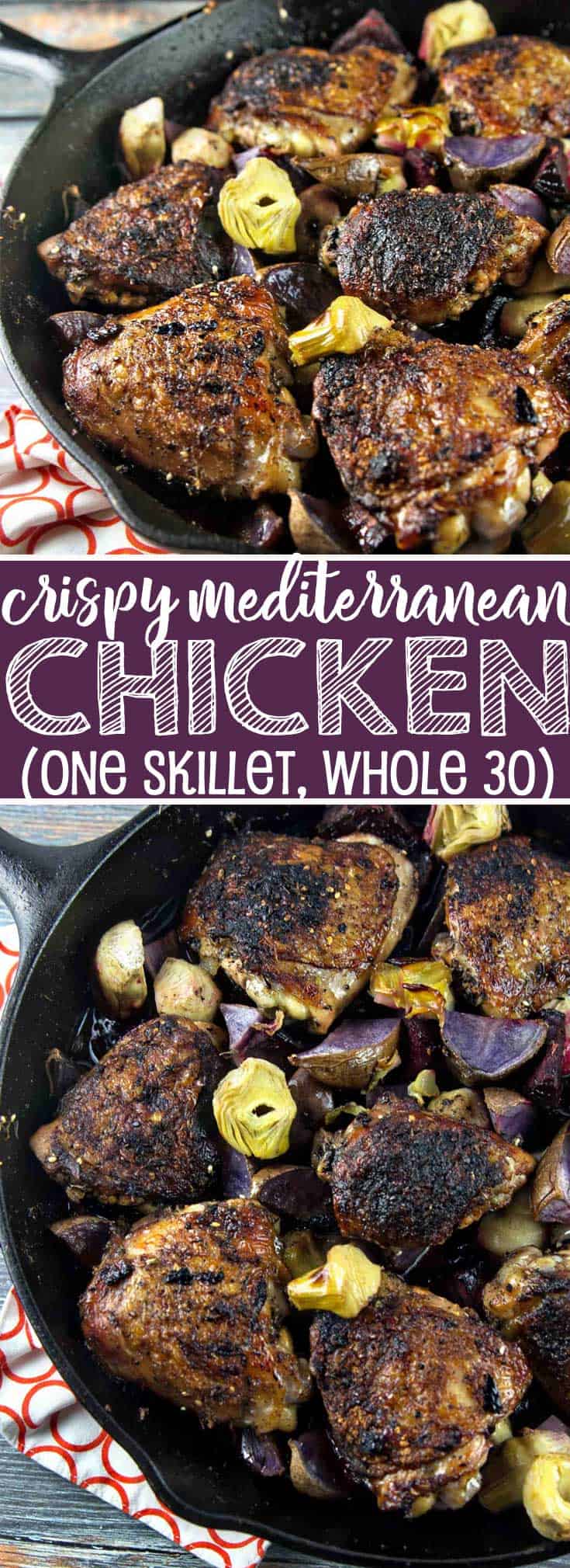 One Skillet Crispy Mediterranean Chicken roasted with beets and artichokes.  Gluten free, paleo, and Whole 30 compliant. {Bunsen Burner Bakery} #dinner #chicken #glutenfree #paleo #whole30