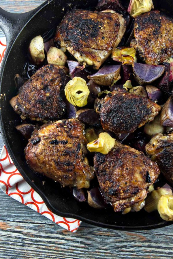 One Skillet Crispy Mediterranean Chicken roasted with beets and artichokes.  Gluten free, paleo, and Whole 30 compliant. {Bunsen Burner Bakery}