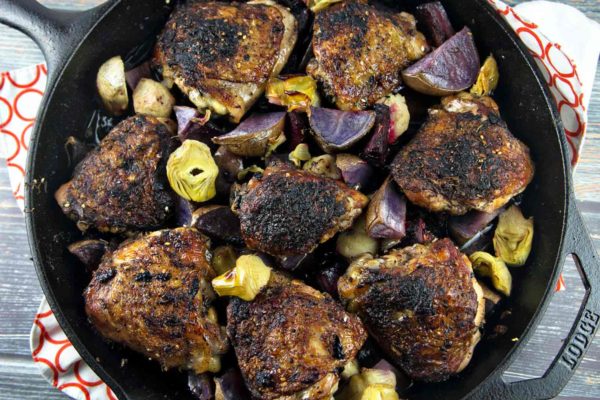 One Skillet Crispy Mediterranean Chicken roasted with beets and artichokes.  Gluten free, paleo, and Whole 30 compliant. {Bunsen Burner Bakery}