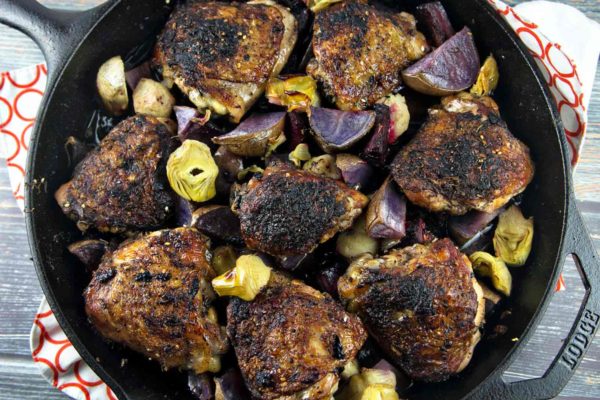 One Skillet Crispy Mediterranean Chicken roasted with beets and artichokes.  Gluten free, paleo, and Whole 30 compliant. {Bunsen Burner Bakery}