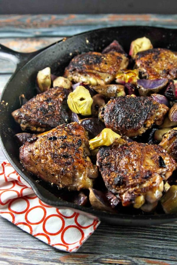 One Skillet Crispy Mediterranean Chicken roasted with beets and artichokes.  Gluten free, paleo, and Whole 30 compliant. {Bunsen Burner Bakery}