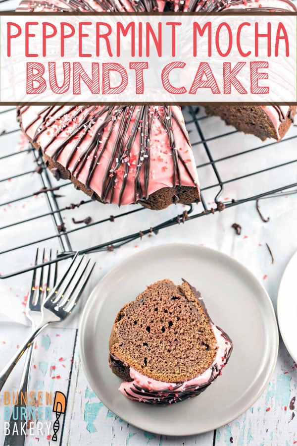 Peppermint Mocha Bundt Cake: rich chocolate cake, peppermint cream cheese frosting, and a chocolate ganache drizzle - this one-bowl mix by hand bunt cake is perfect for holiday entertaining.