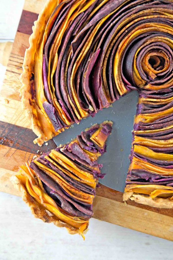 spiral sweet potato tart on a cutting board