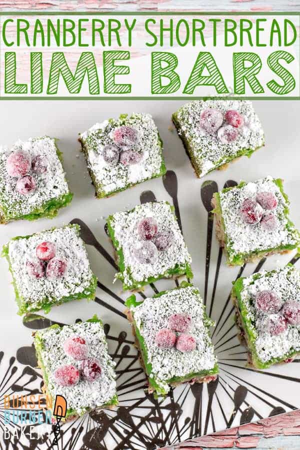 Cranberry Lime Bars: adios, bland lime bars - these cranberry lime bars pack a serious sweet-tart citrusy punch! #bunsenburnerbakery #limebars #sugaredcranberries #christmas #dessertbars