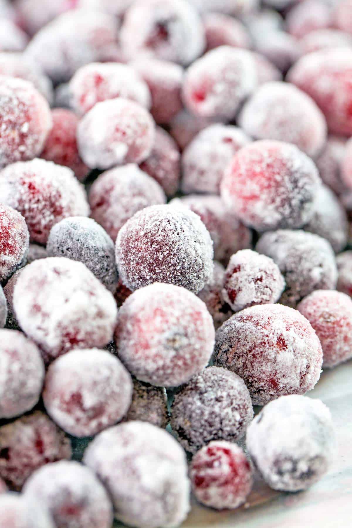 closeup picture of a pile of sugared cranberries