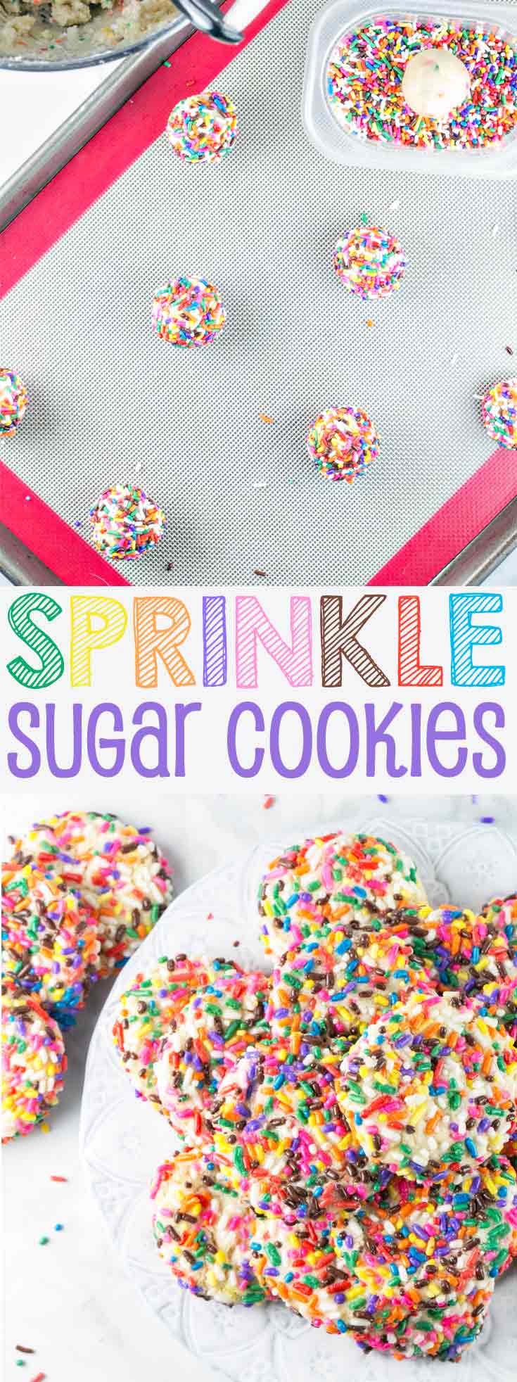 Sprinkle Sugar Cookies: the most festive of all cookies, a soft sugar cookie rolled in bright colored sprinkles. {Bunsen Burner Bakery} #sprinkles #cookies #sugarcookies 