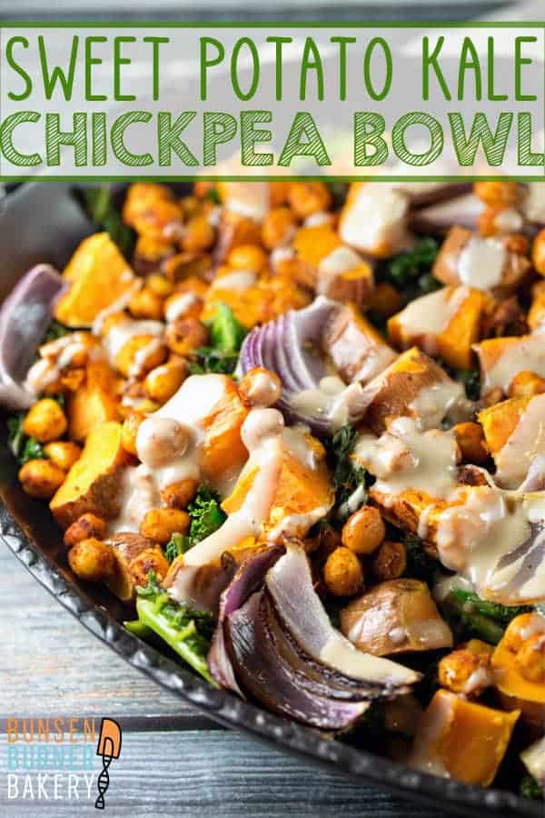 Sweet Potato Kale Chickpea Bowl: roasted sweet potatoes, spicy chickpeas, and fresh kale with a maple tahini dressing. #bunsenburnerbakery #glutenfree #vegan #vegetarian #tahini #buddhabowl