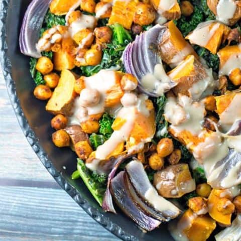 Sweet Potato Kale Chickpea Bowl: roasted sweet potatoes, spicy chickpeas, and fresh kale with a maple tahini dressing. #bunsenburnerbakery #glutenfree #vegan #vegetarian #tahini #buddhabowl