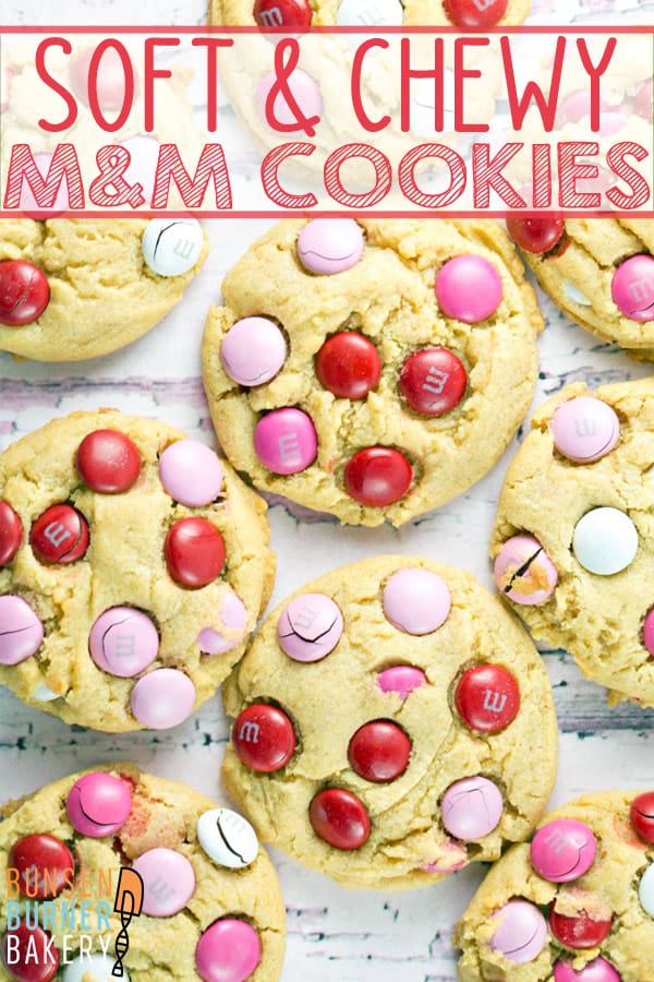 M&M Pudding Cookies: with a rich vanilla flavor and the crunch of M&Ms, these soft and chewy cookies are hard to beat! #bunsenburnerbakery #cookies #mmcookies#valentinesday #puddingcookies