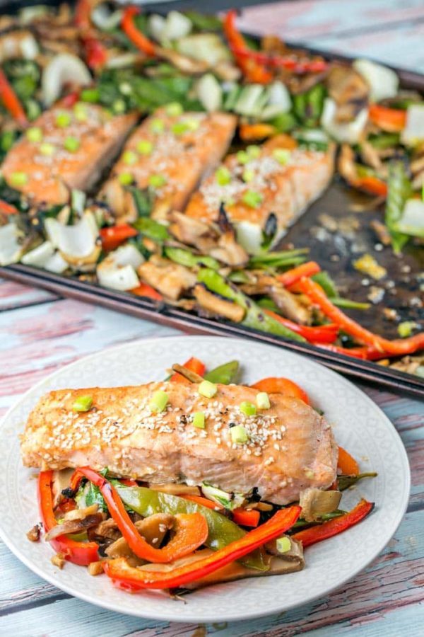 Sheet Pan Asian Salmon: Prep in the morning and bake in the evening. One pan and 12 minutes is all you need for a delicious, healthy, vegetable heavy dinner. {Bunsen Burner Bakery}