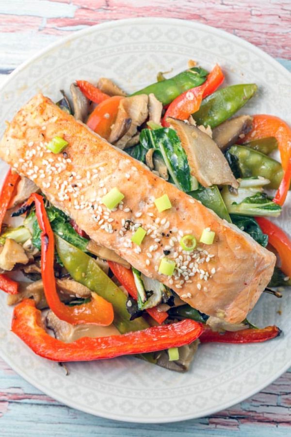 Sheet Pan Asian Salmon: Prep in the morning and bake in the evening. One pan and 12 minutes is all you need for a delicious, healthy, vegetable heavy dinner. {Bunsen Burner Bakery}