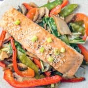 Sheet Pan Asian Salmon: Prep in the morning and bake in the evening. One pan and 12 minutes is all you need for a delicious, healthy, vegetable heavy dinner. #bunsenburnerbakery #sheetpan #glutenfree #salmon #quickdinners #mealprep