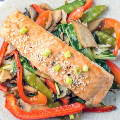 Sheet Pan Asian Salmon: Prep in the morning and bake in the evening. One pan and 12 minutes is all you need for a delicious, healthy, vegetable heavy dinner. #bunsenburnerbakery #sheetpan #glutenfree #salmon #quickdinners #mealprep