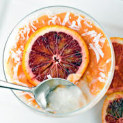Coconut Panna Cotta with Blood Orange Curd: smooth and creamy coconut panna cotta paired with citrusy blood orange curd -- it's the perfect easy, impressive spring dessert. {Bunsen Burner Bakery}