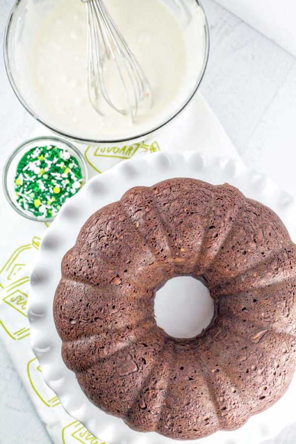 Irish Cream Bundt Cake: an easy, rich one bowl chocolate bundt cake covered with an Irish cream glaze - this one bowl cake is perfect for holiday entertaining, especially St. Patrick's Day! {Bunsen Burner Bakery}