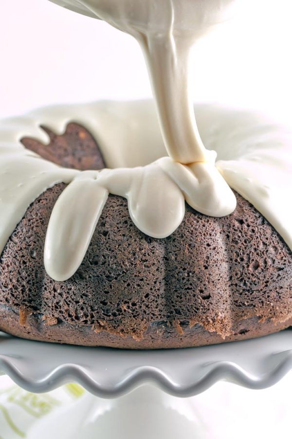 Irish Cream Bundt Cake: an easy, rich one bowl chocolate bundt cake covered with an Irish cream glaze - this one bowl cake is perfect for holiday entertaining, especially St. Patrick's Day! {Bunsen Burner Bakery}