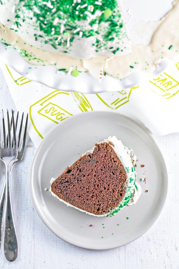 Irish Cream Bundt Cake: an easy, rich one bowl chocolate bundt cake covered with an Irish cream glaze - this one bowl cake is perfect for holiday entertaining, especially St. Patrick's Day! {Bunsen Burner Bakery}