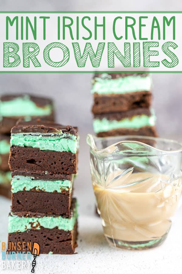 Mint Irish Cream Brownies: an easy from scratch fudgy brownie recipe covered with a layer of mint Baileys Irish cream frosting and topped with chocolate ganache.  Perfect for St. Patrick's Day - or year round! #bunsenburnerbakery #brownies #irishcream #spatricksday