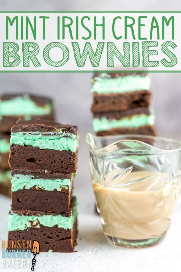 Mint Irish Cream Brownies: an easy from scratch fudgy brownie recipe covered with a layer of mint Baileys Irish cream frosting and topped with chocolate ganache. Perfect for St. Patrick's Day - or year round!