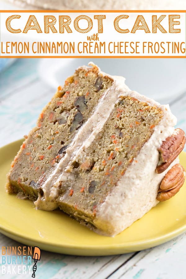 Carrot Cake with Lemon Cinnamon Cream Cheese Frosting: a delicious and easy layered cake with sweet and tangy, cinnamony frosting. Perfect for spring brunches and dinners or summer carrots.