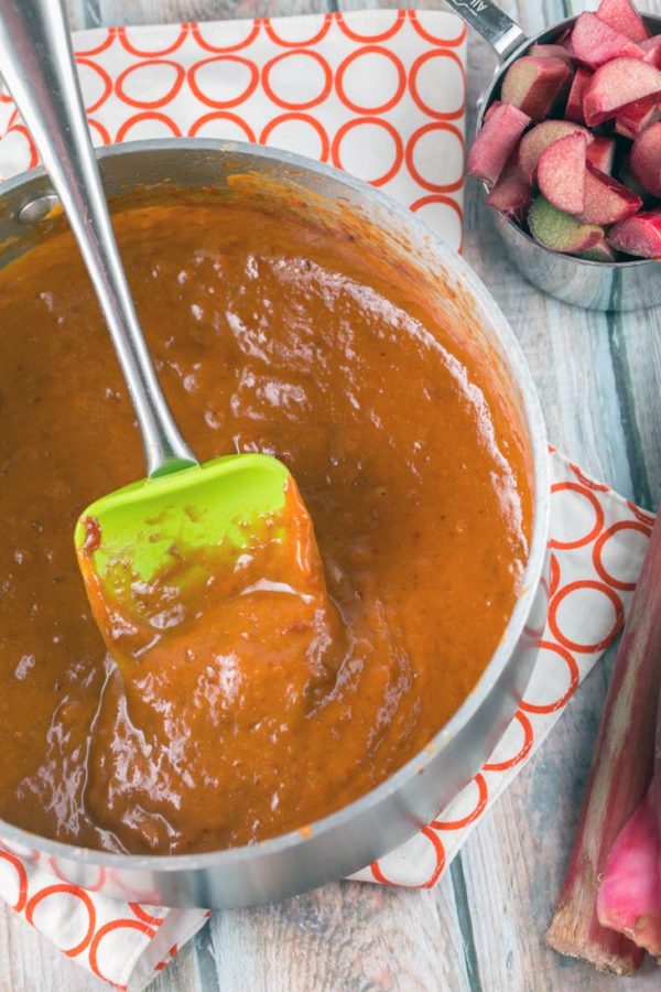 smooth blended chipotle rhubarb bbq sauce in a pot with stalks of rhubarb next to the pot