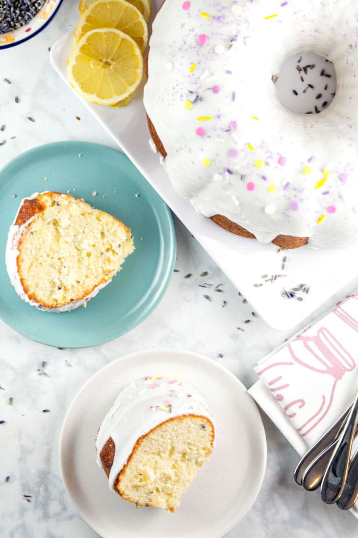 Lemon Lavender Bundt Cake: a light and delicate vanilla bundt cake, full of lemon zest and dried lavender. It's the perfect cake for spring and summer entertaining, like bridal showers, baby showers, or Mother's Day! {Bunsen Burner Bakery}