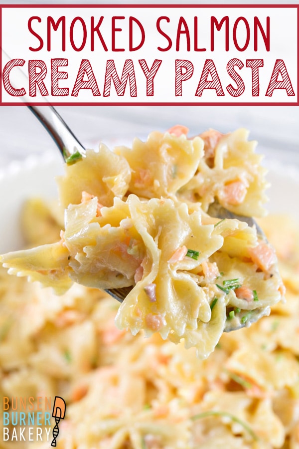 Creamy Smoked Salmon Pasta: perfectly cooked pasta in a rich cream and egg sauce, tossed with fresh smoked salmon and chives. A delicious, easy celebratory brunch favorite!