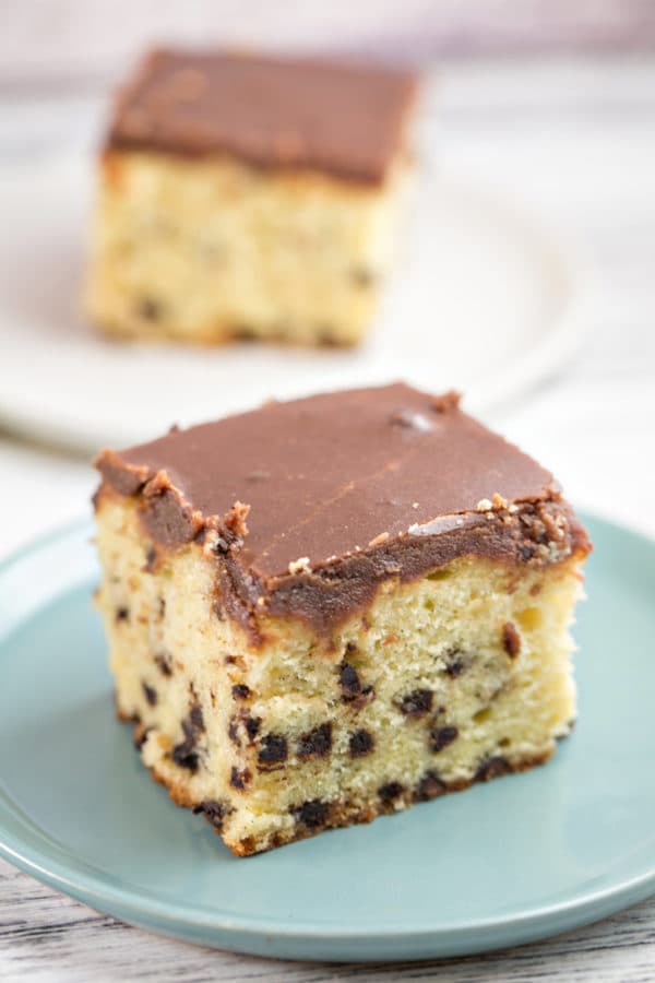 Chocolate Chip Pound Cake: an easy sheet cake, perfect for carving or serving as a party cake with a layer of homemade hot fudge frosting! Make ahead and freeze! {Bunsen Burner Bakery}