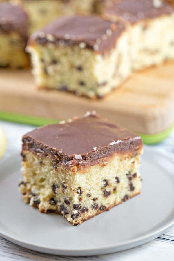 Chocolate Chip Pound Cake: an easy sheet cake, perfect for carving or serving as a party cake with a layer of homemade hot fudge frosting! Make ahead and freeze! {Bunsen Burner Bakery}