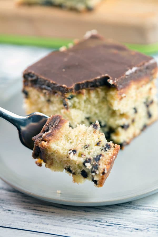 Chocolate Chip Pound Cake: an easy sheet cake, perfect for carving or serving as a party cake with a layer of homemade hot fudge frosting! Make ahead and freeze! {Bunsen Burner Bakery}