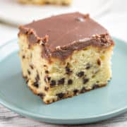 Chocolate Chip Pound Cake: an easy sheet cake, perfect for carving or serving as a party cake with a layer of homemade hot fudge frosting! Make ahead and freeze! {Bunsen Burner Bakery}