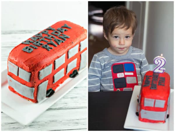Chocolate chip pound cake carved into a double decker bus birthday cake.