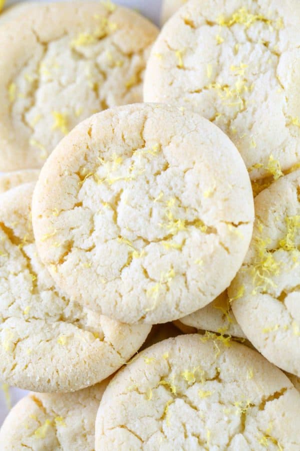 closeup picture of a lemon sugar cookie with a sprinkle of lemon zest