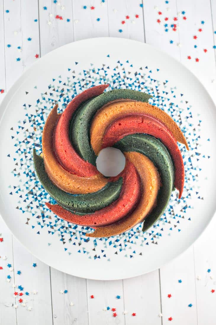 spiral bundt cake with red, white, and blue spirals for 4th of July