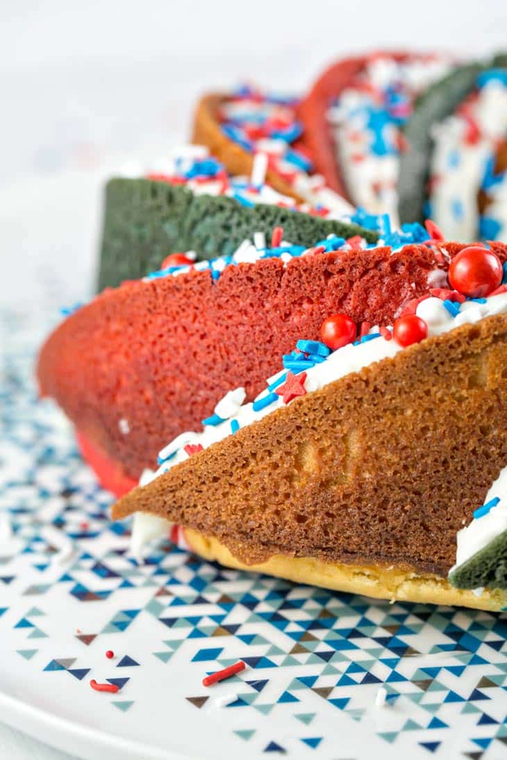 side view of a bundt cake showing off the three colors in the tri-color spiral