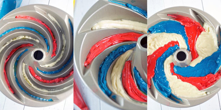 step by step photos showing how to make a three color spiral bundt cake