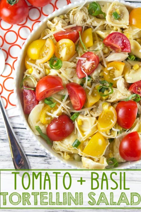 Tomato Basil Tortellini Salad: the perfect easy pasta salad to highlight freshly picked summer produce. Great for picnics, potlucks, barbecues, and potlucks!