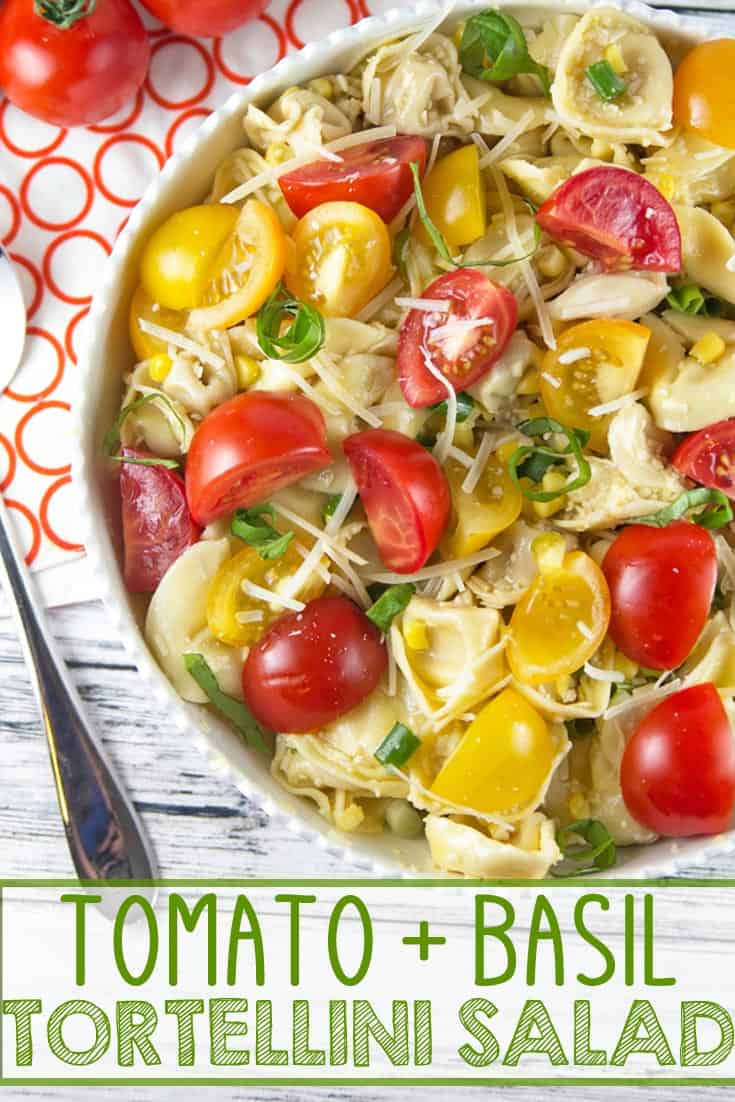Tomato Basil Tortellini Salad: the perfect easy pasta salad to highlight freshly picked summer produce. Great for picnics, potlucks, barbecues, and potlucks! #bunsenburnerbakery #tortellinisalad #tomatoes #pasta #pastasalad