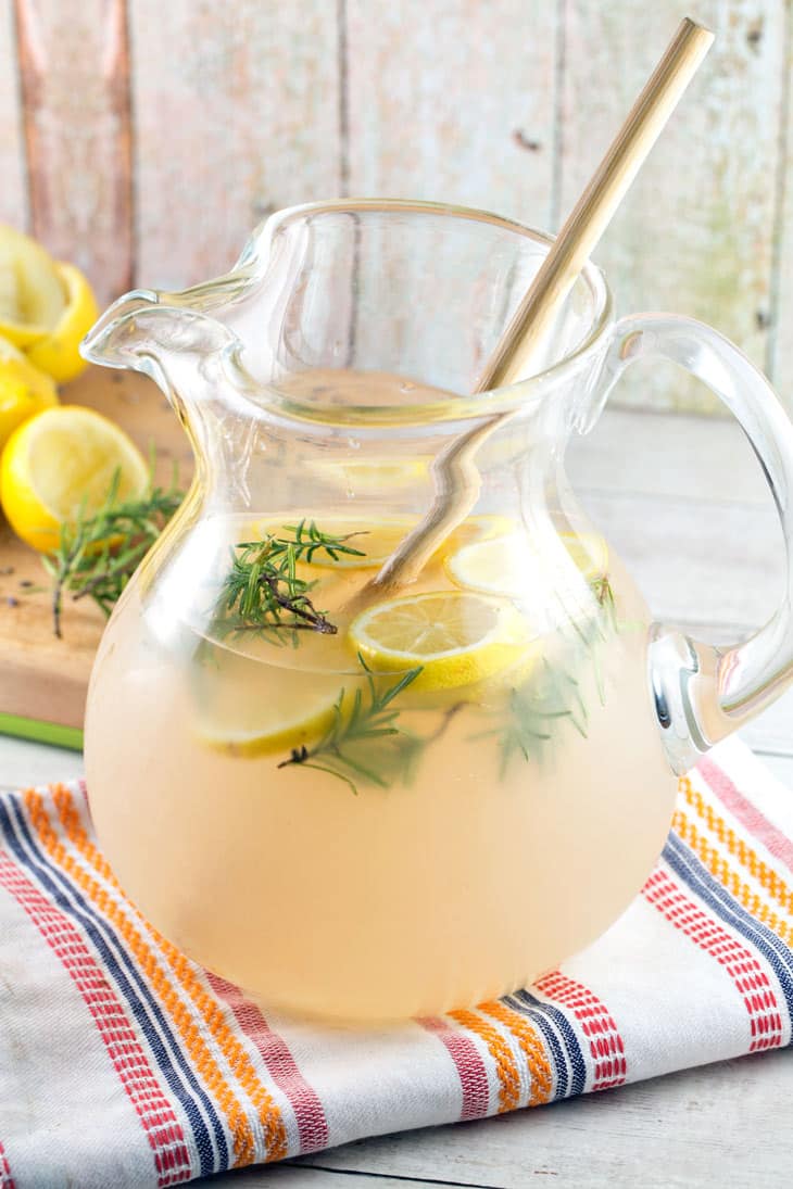 glass pitcher full of fresh homemade lemonade