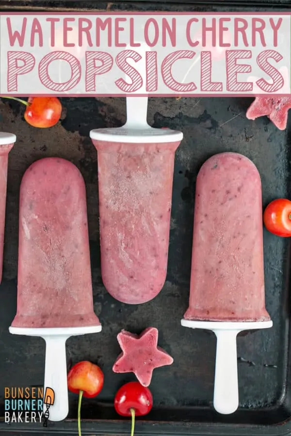 Watermelon Cherry Popsicles: 4 ingredients and 5 minutes are all you need for the easy, healthy, homemade popsicles made from pureed fruit and fresh yogurt.  The perfect frozen summer treat for kids and adults alike! 