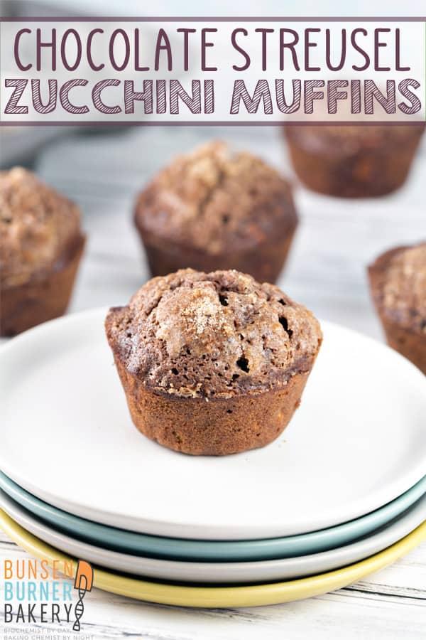 Streusel Topped Chocolate Zucchini Muffins: extra moist with a crackly topping and packed full of zucchini, these muffins are the most delicious way to eat your veggies!  Freezer friendly and perfect to share! #bunsenburnerbakery #muffins #zucchini #zucchinibread