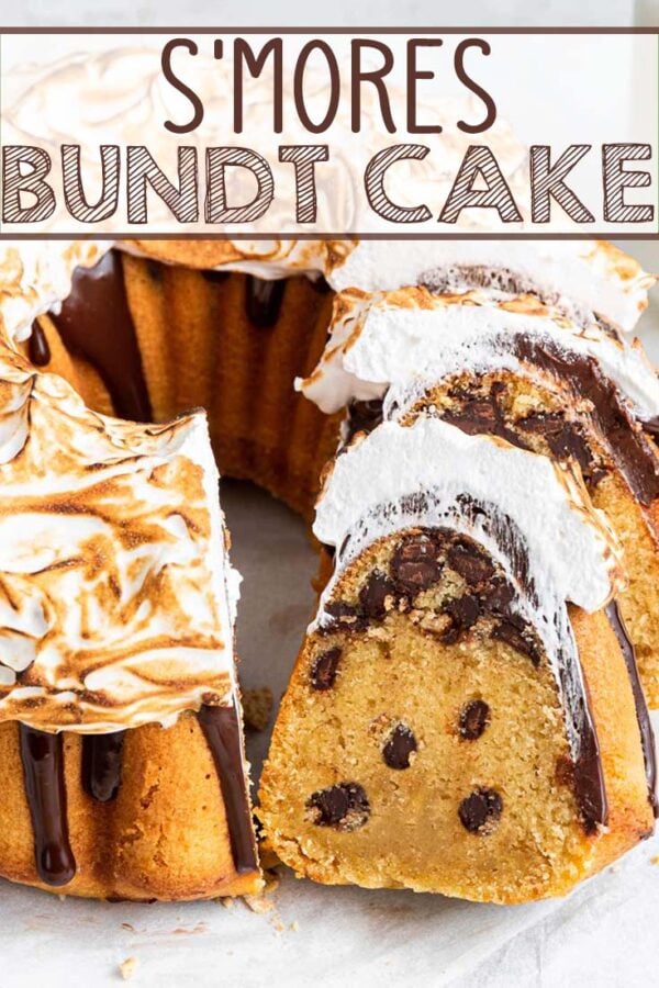 S'mores Bundt Cake: a graham cracker cake with chocolate ganache and homemade marshmallow fluff frosting toasted to a perfect brown. It's just like your childhood favorite - but even better!