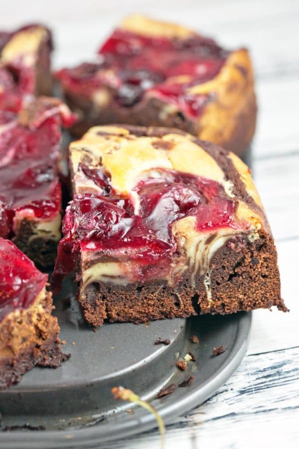 Cherry Cheesecake Brownies: made entirely from scratch with thick, fudgy brownies, a creamy layer of cheesecake batter, and homemade cherry pie filling on top. {Bunsen Burner Bakery}